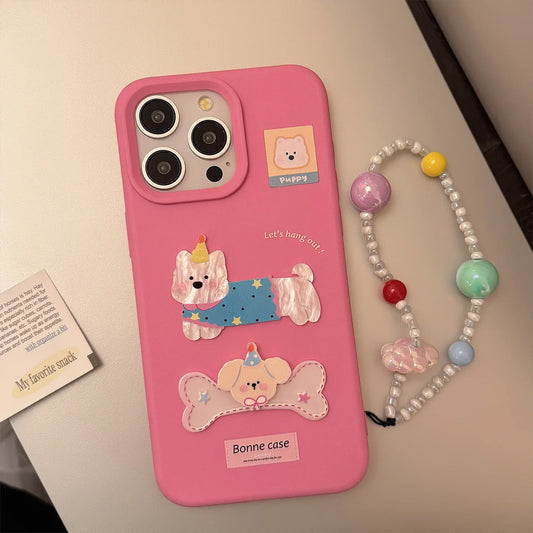 Korean Cute Dog Sticker Pink Bracelet Pendant Phone Case For iPhone