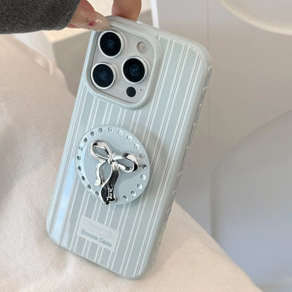 Korean Cute Blue Striped 3D Sliver Bowknot Bracket Soft Phone Case For iPhone