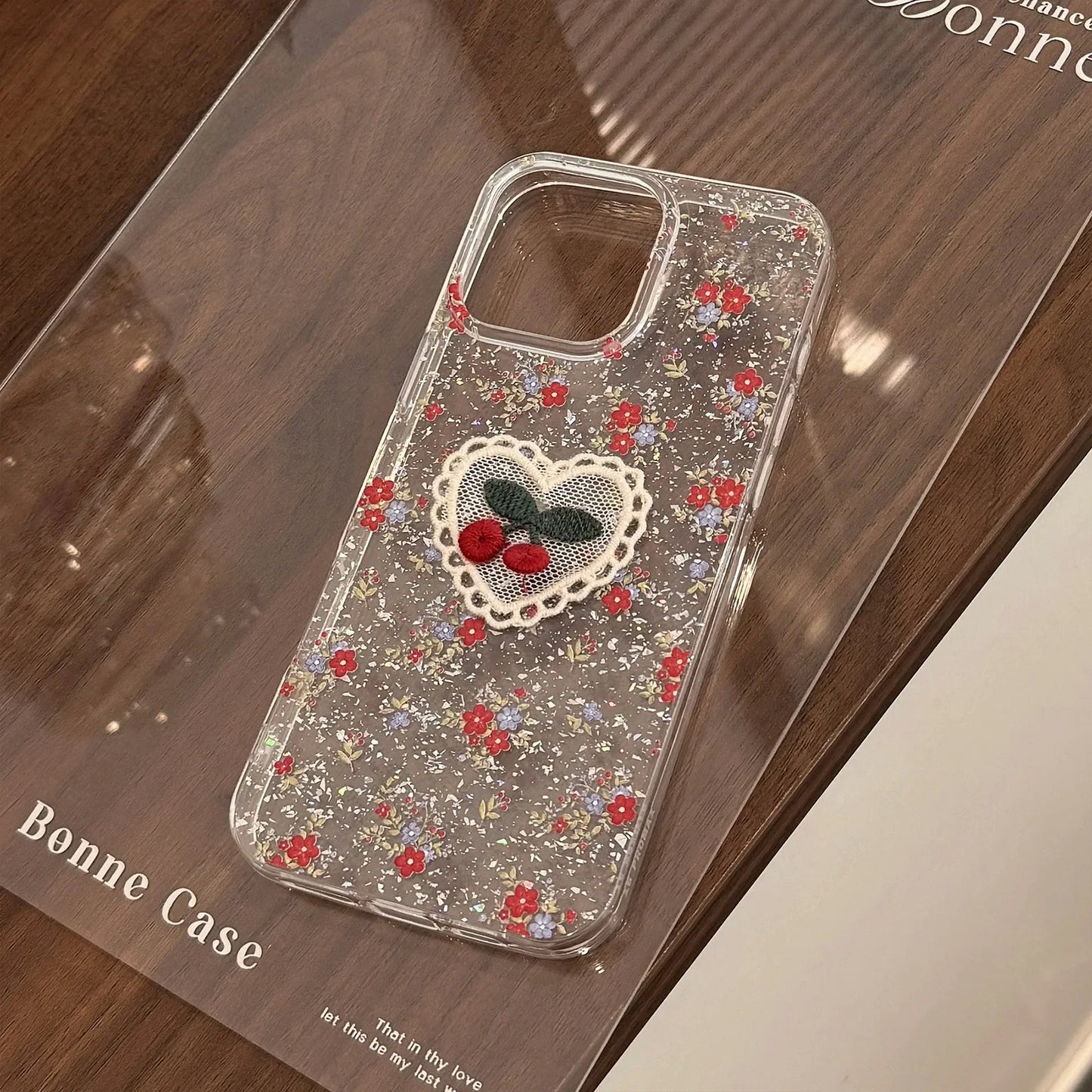 3D Glitter Flowers Lace Cherry Embroidery Phone Case For iPhone