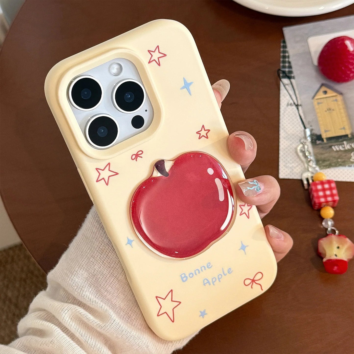 Korean 3D Cartoon Red Apple With Fork Apple Core Pendant Soft Phone Case For iPhone