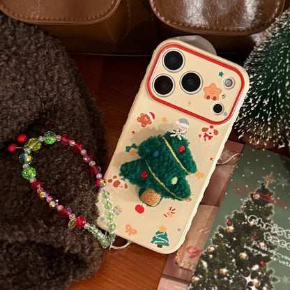 Korean 3D Cartoon Christmas Tree Plush With Chain Phone Case For iPhone
