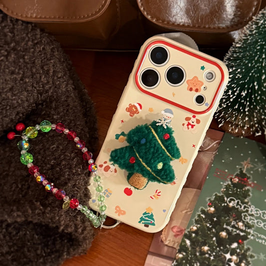 Korean 3D Cartoon Christmas Tree Plush With Chain Phone Case For iPhone