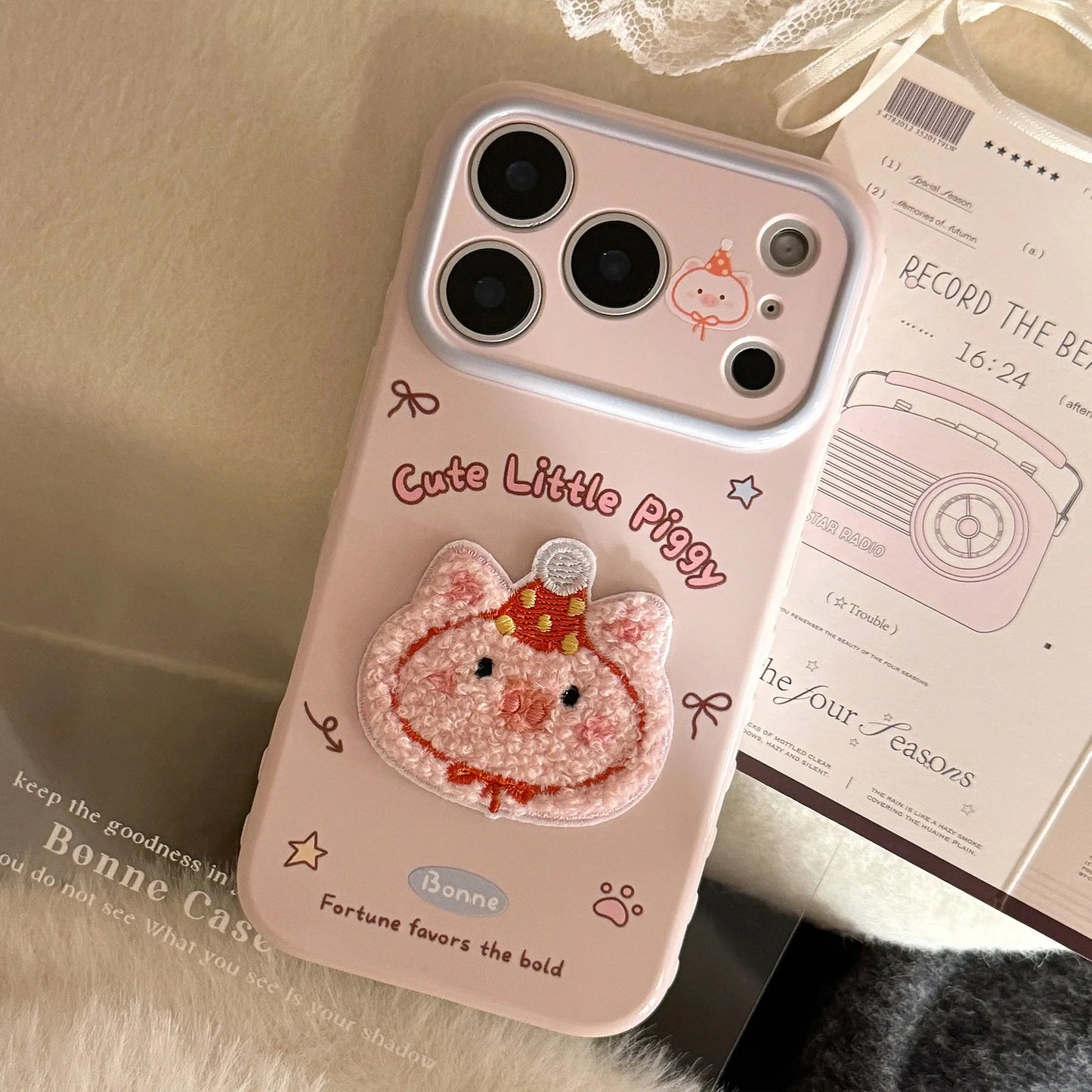 Korean Cartoon Embroidery Cat Pig Animals Plush Couple Phone Case For iPhone