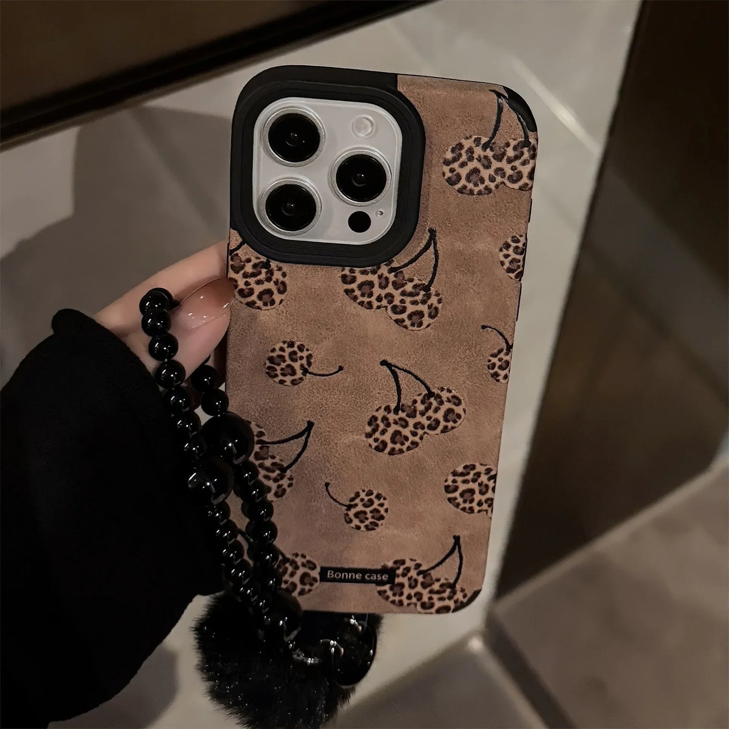 Leopard Print Cherry Suede Leather Phone Case with Beaded Chain For iPhone
