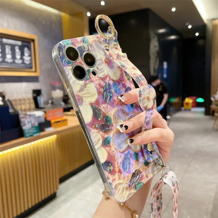 Fashion Oil Painting Flower Crossbody Lanyard Wrist Strap Phone Case For iPhone