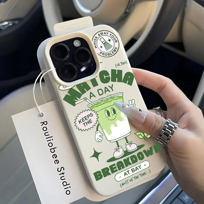 Matcha Milk Tea Lichee Leather Pattern Phone Case For iPhone