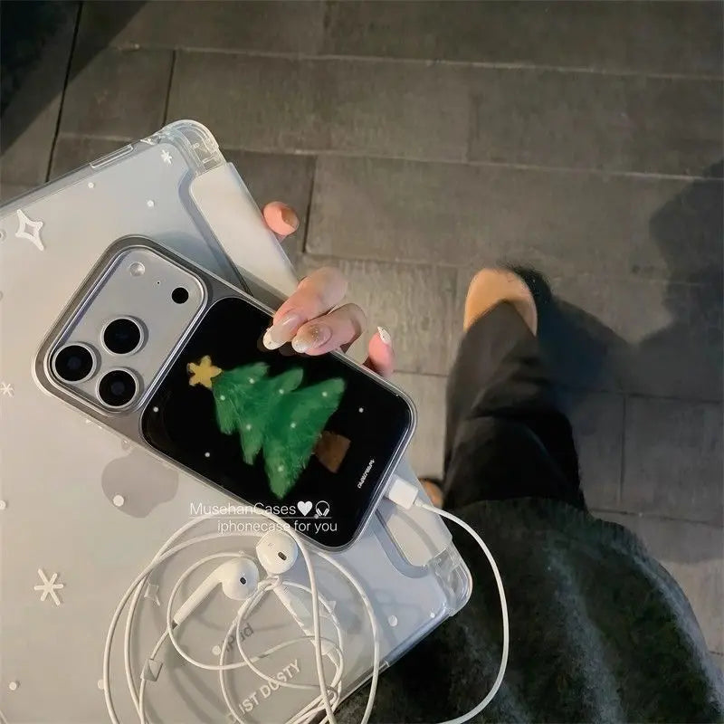 Korean Ins Christmas Tree Simple Silver Frame Phone Case For iPhone