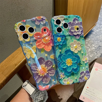 Luxury Blue Light Oil Painting Flowers Wavy Phone Case For iPhone