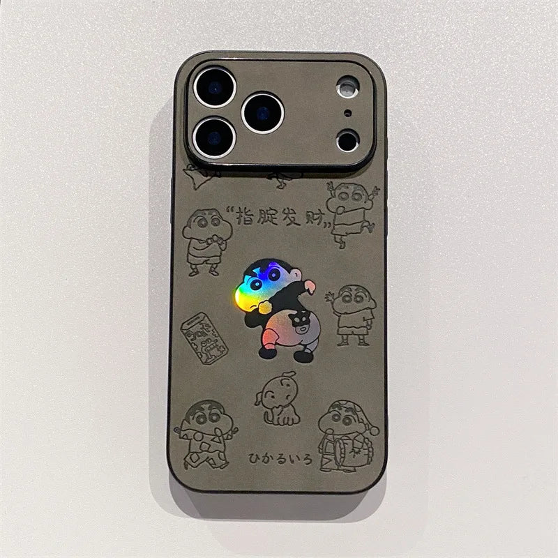 Anime Crayon Shin-chan Butt Emboss Laser Faux Leather Phone Case For iPhone