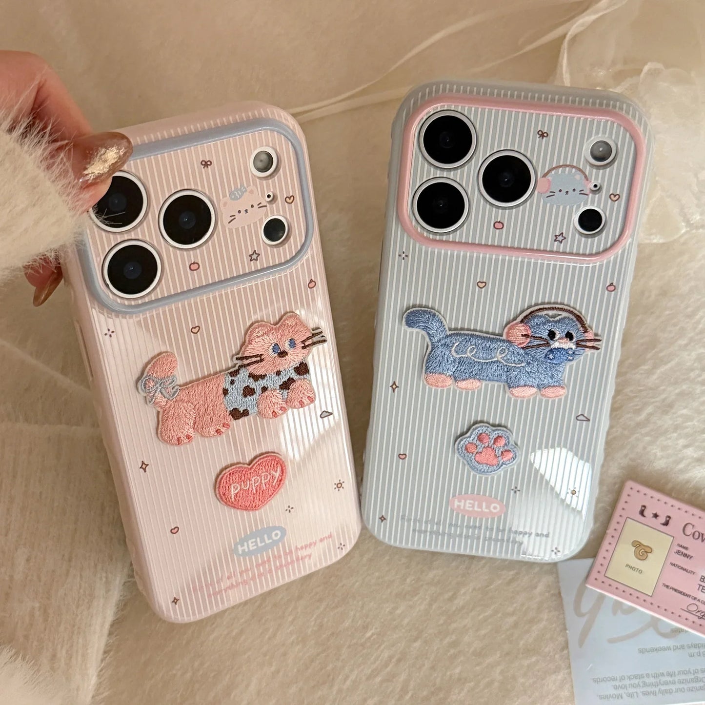 Korean Cartoon Embroidery Kitten Striped Couple Phone Case For iPhone