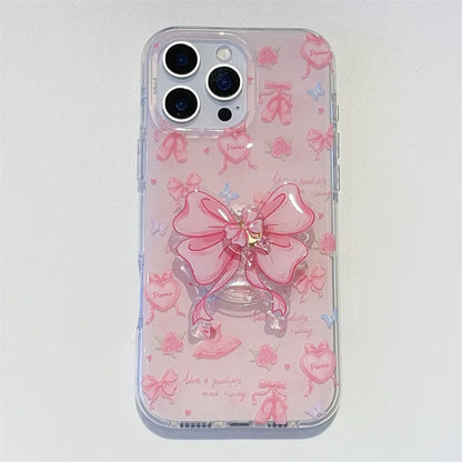 Korean Love Heart Ballet Style Pink Bowknot Rotate Bracket Phone Case For iPhone