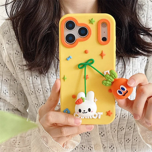 3D Cartoon Carrot Rabbit Bowknot Pendant Silicone Soft Phone Case For iPhone