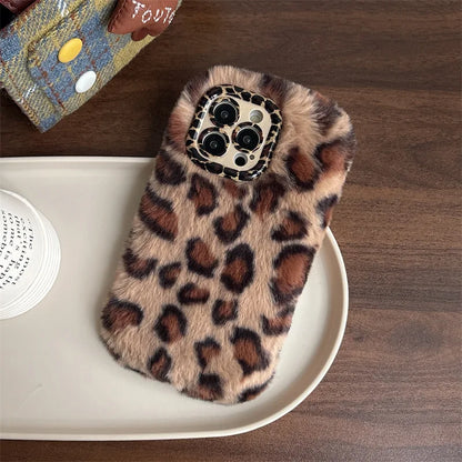 Fashion Leopard Furry Plush Lens Bracket Phone Case For iPhone