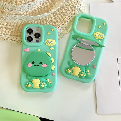 Cute Dinosaur Case Soft Silicone Cover With Holder&Mirror For iPhone