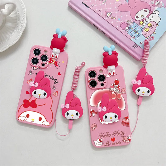 3D Cute Cartoon Melody Phone Case With Bracket Lanyard For iPhone