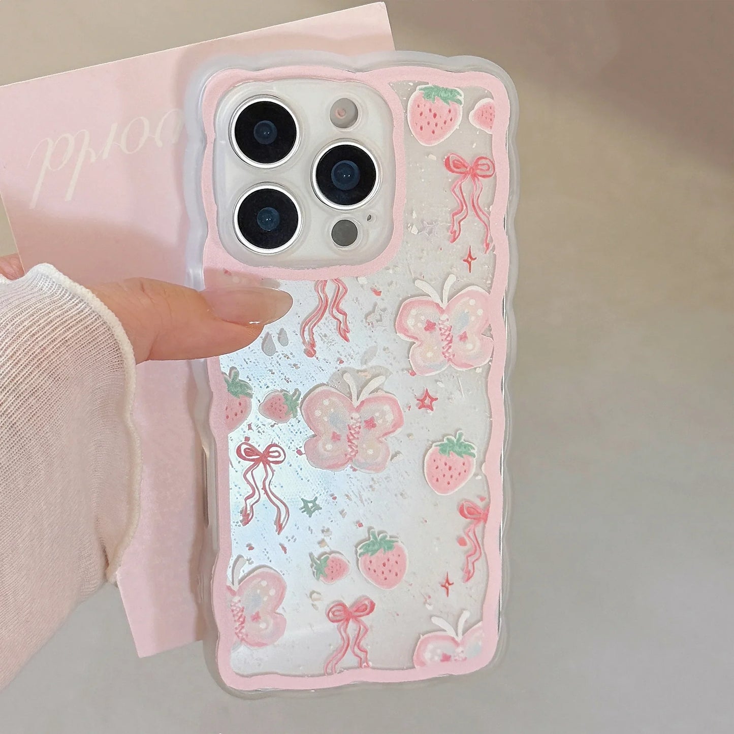 Korean Strawberry Butterfly Graffiti Wavy Phone Case For iPhone