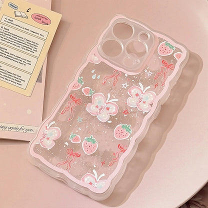 Korean Strawberry Butterfly Graffiti Wavy Phone Case For iPhone