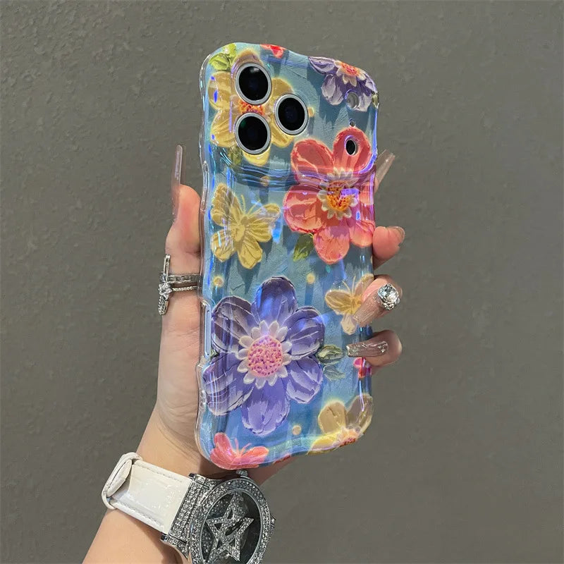 Luxury Blue Light Oil Painting Flowers Wavy Phone Case For iPhone