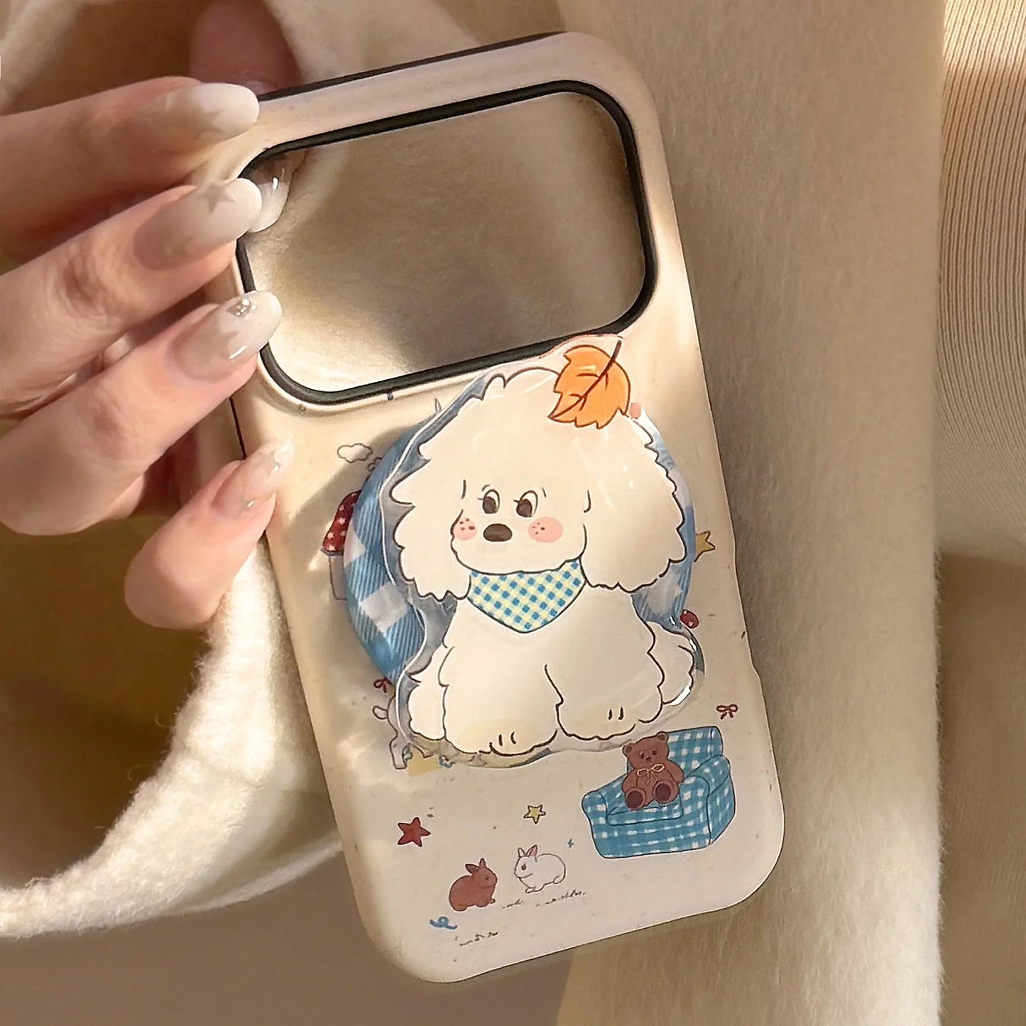 Korean Cartoon Maple Leafs Puppy Magnetic Bracket Phone Case For iPhone