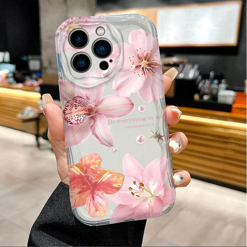 Lily Flower Print Clear Wave Phone Case For iPhone