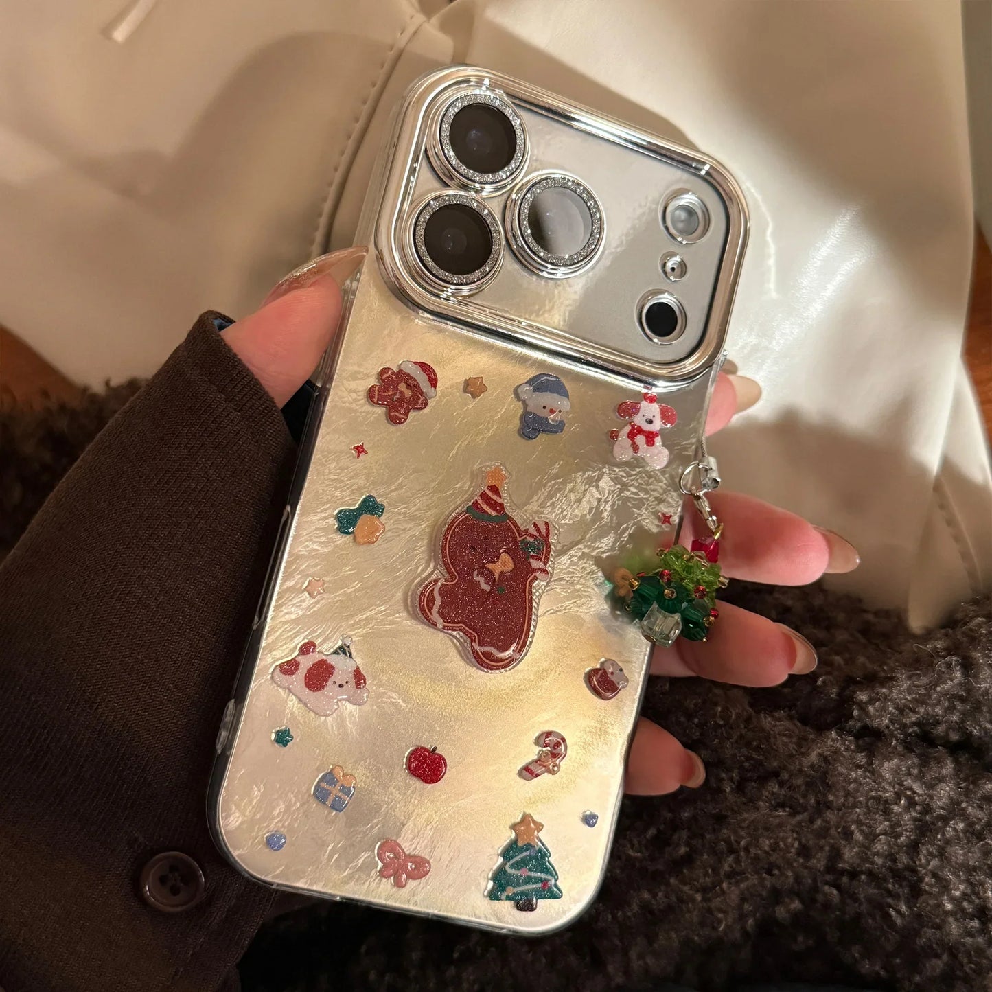 3D Cartoon Gingerbread Man Christmas Tree Pendant Phone Case For iPhone