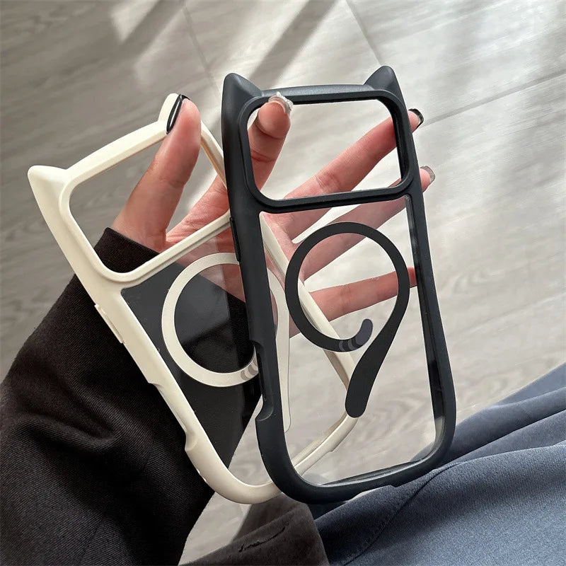 Cute Cartoon Solid Color Cat Tail Clear Magnetic Phone Case For iPhone