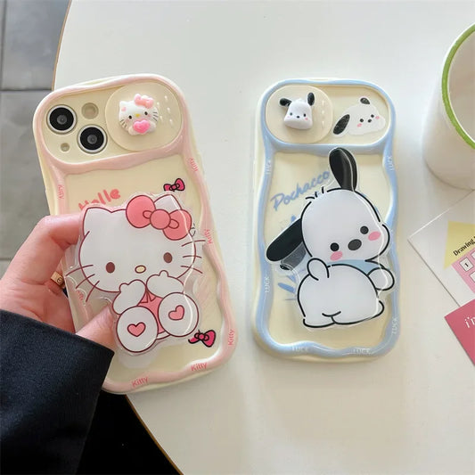 Cute Cartoon 3D Hello Kitty Sliding Camera Bracket Wave Phone Case For iPhone