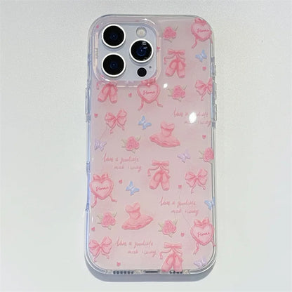Korean Love Heart Ballet Style Pink Bowknot Rotate Bracket Phone Case For iPhone
