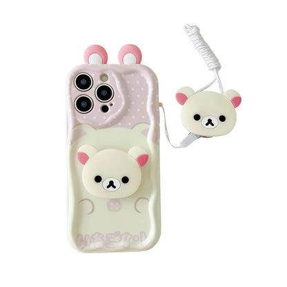 3D Ears Cartoon Bear Holder Rope Couple Phone Case For iPhone