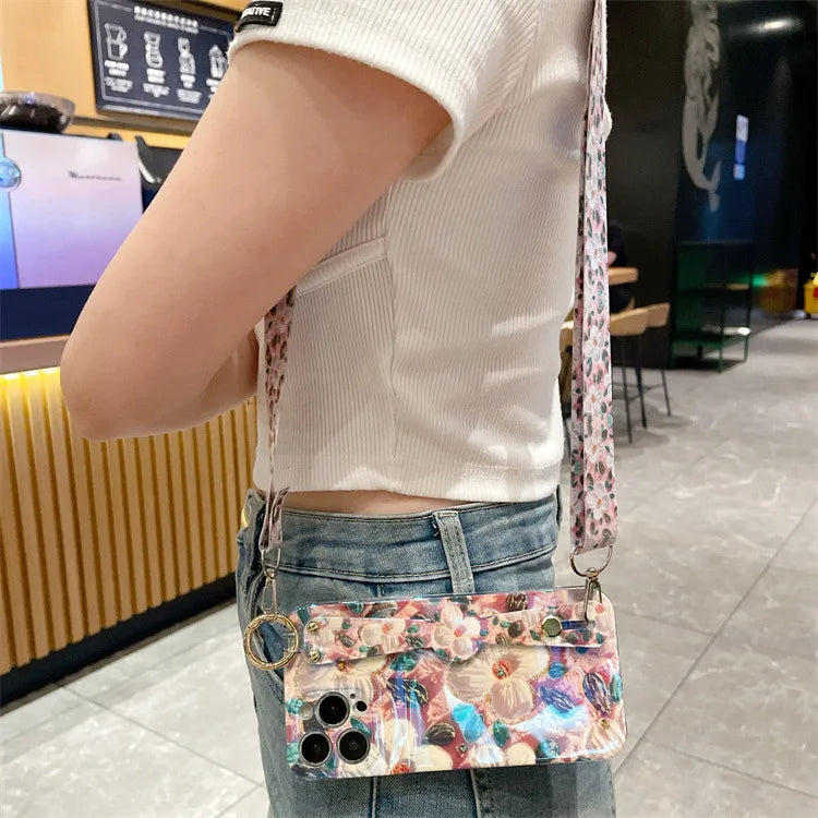 Fashion Oil Painting Flower Crossbody Lanyard Wrist Strap Phone Case For iPhone