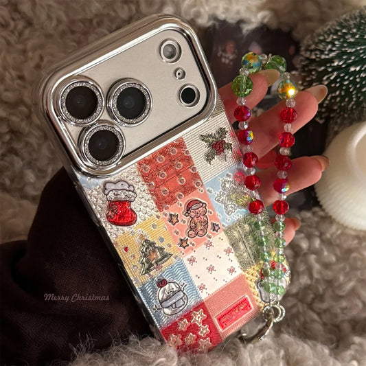 Korean Christmas Grid Pattern Glitter Phone Case For iPhone