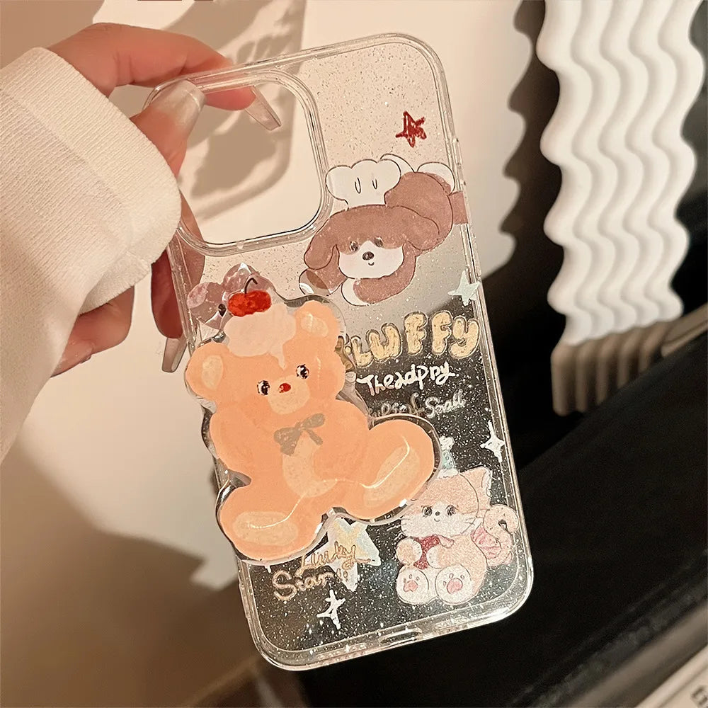 Korean Cute Cartoon Animals Bear Bracket Phone Case For iPhone