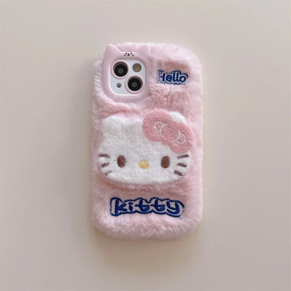 Cartoon Hello Kitty Plush Cat Ears Warm Winter Furry Fur Cover Phone Case