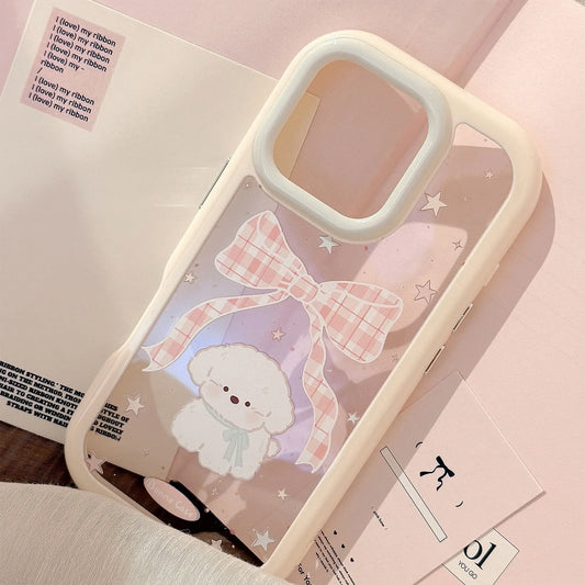 Korean Cartoon Plaid Bowknot Puppy Phone Case For iPhone