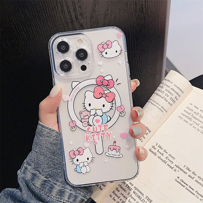 Korean Cartoon Hello Kitty Kuromi Bracket Magnetic Phone Case For iPhone