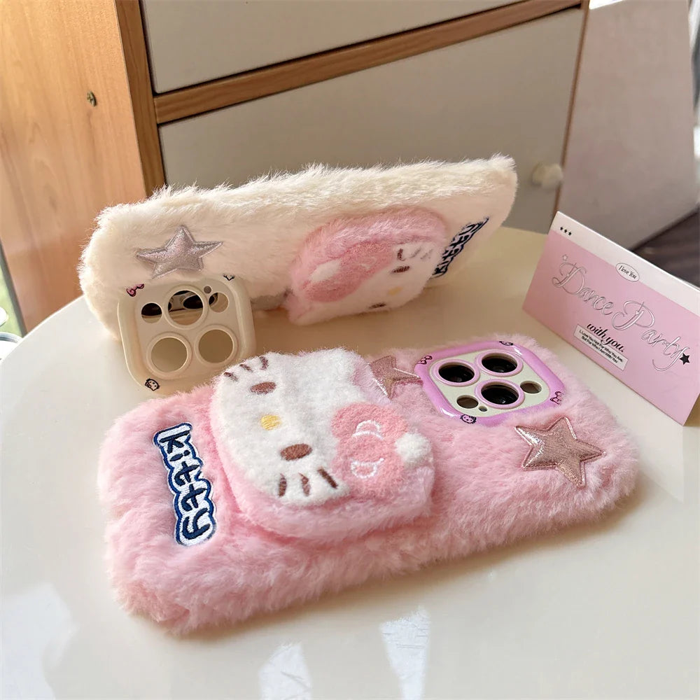 Cute Hello Kitty Fur Fluffy Camera Holder Stand Phone Case