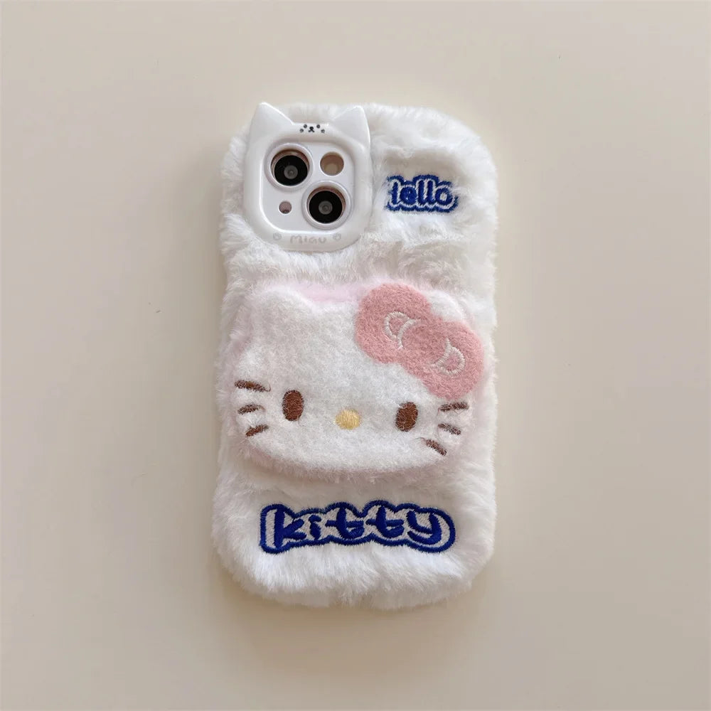 Cartoon Hello Kitty Plush Cat Ears Warm Winter Furry Fur Cover Phone Case
