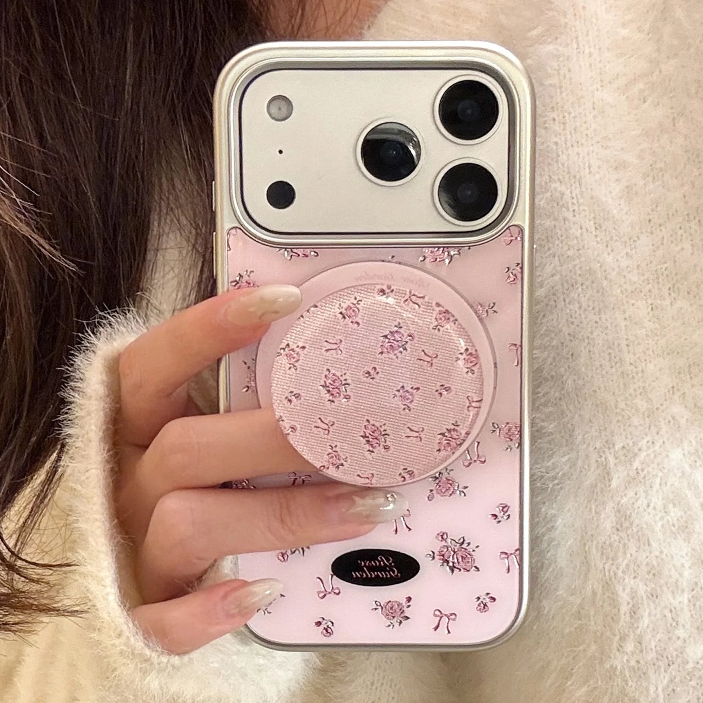 Korean Full Screen Flowers Silver Edge Plating Magnetic Bracket Phone Case For iPhone