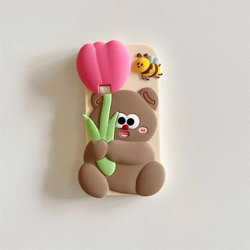 Kawaii 3D Cartoon Bear Holding Tulip Phone Case