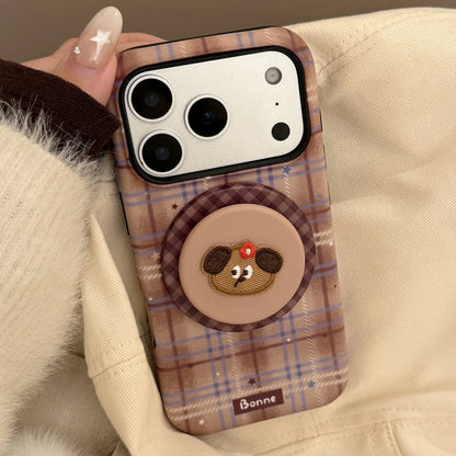 Cute Grid Pattern Cartoon Embroidery Puppy Bracket Magnetic Phone Case For iPhone