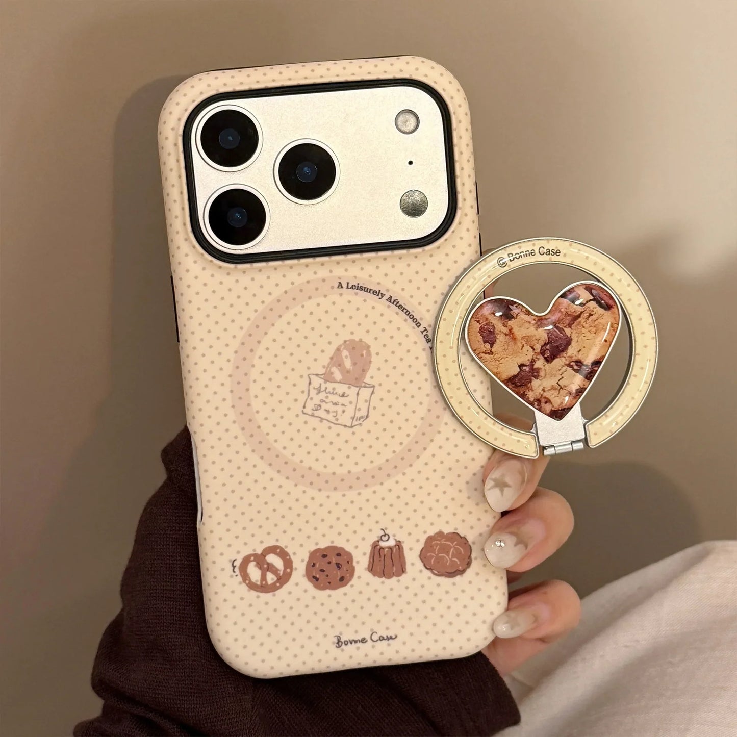 Cute Wave Point Cookie Bread Fold Love Heart Bracket Magnetic Phone Case For iPhone