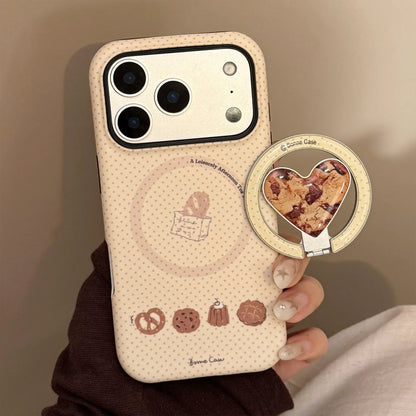 Cute Wave Point Cookie Bread Fold Love Heart Bracket Magnetic Phone Case For iPhone