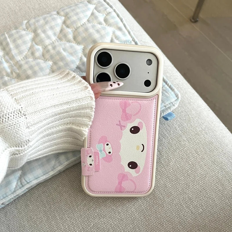 Y2k Cartoon Cute Pink Shy Bow Lamb Leather Phone Case For iPhone
