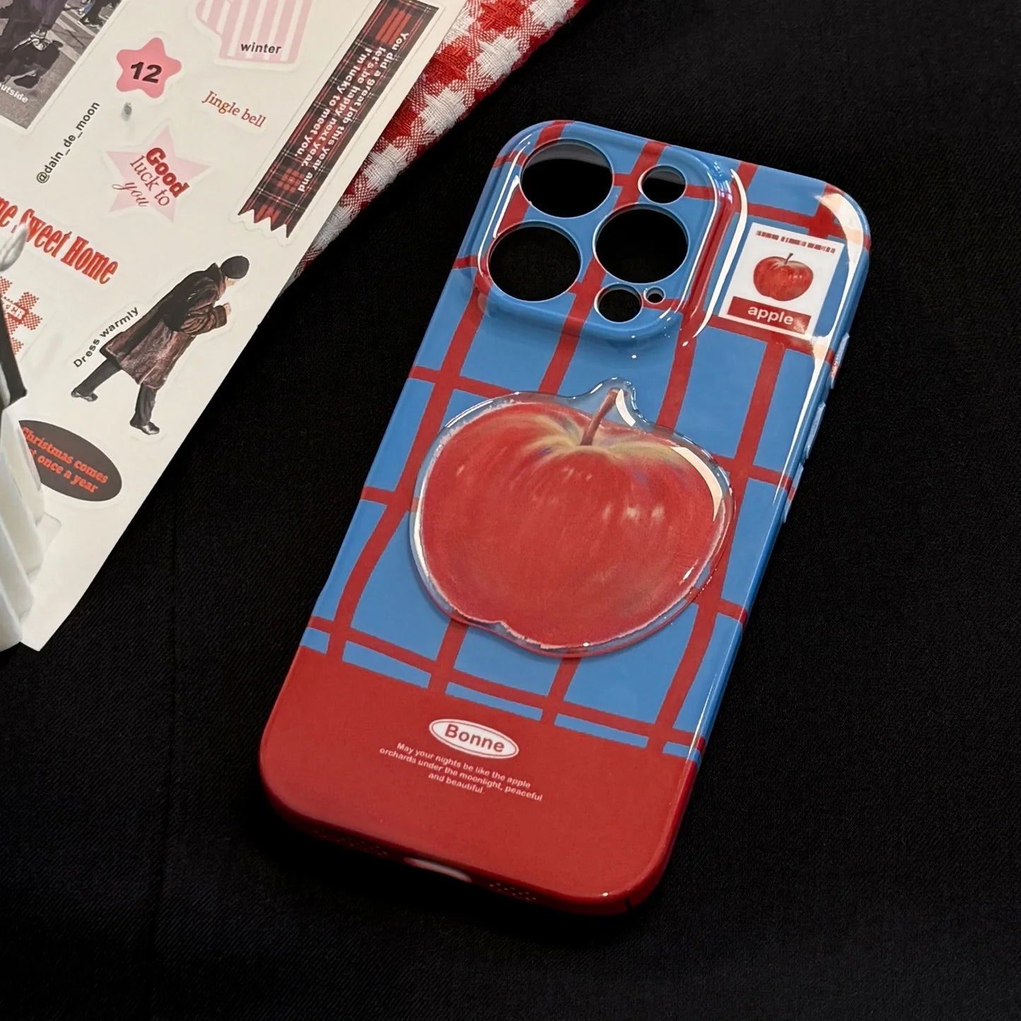 Korean Cute 3D Red Apple Lattice Phone Case With Chain For iPhone