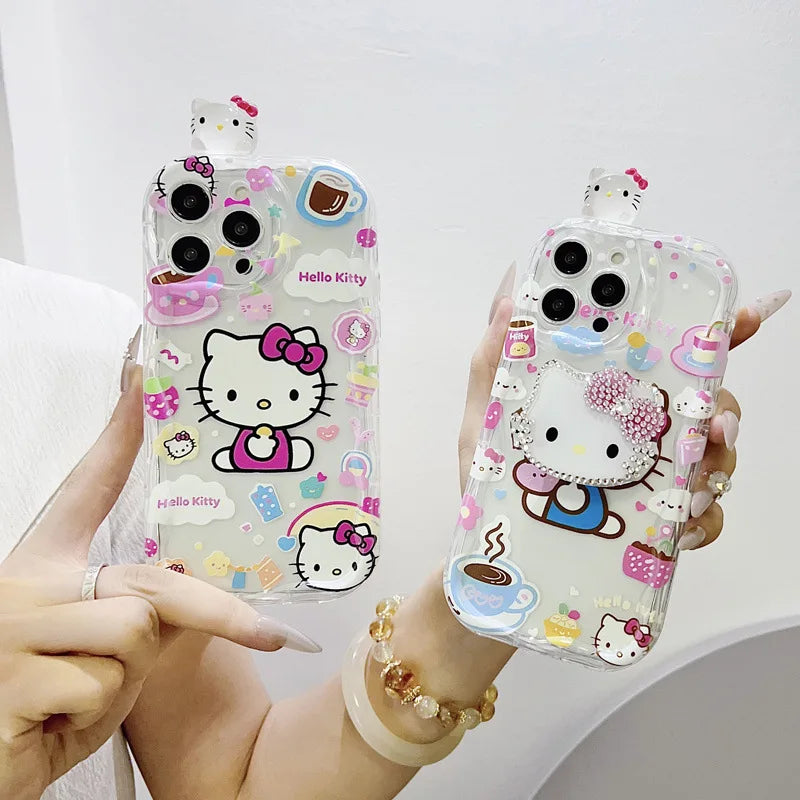 Cute 3D Cartoon Hello Kitty Diamond Bracket Wave Phone Case For iPhone