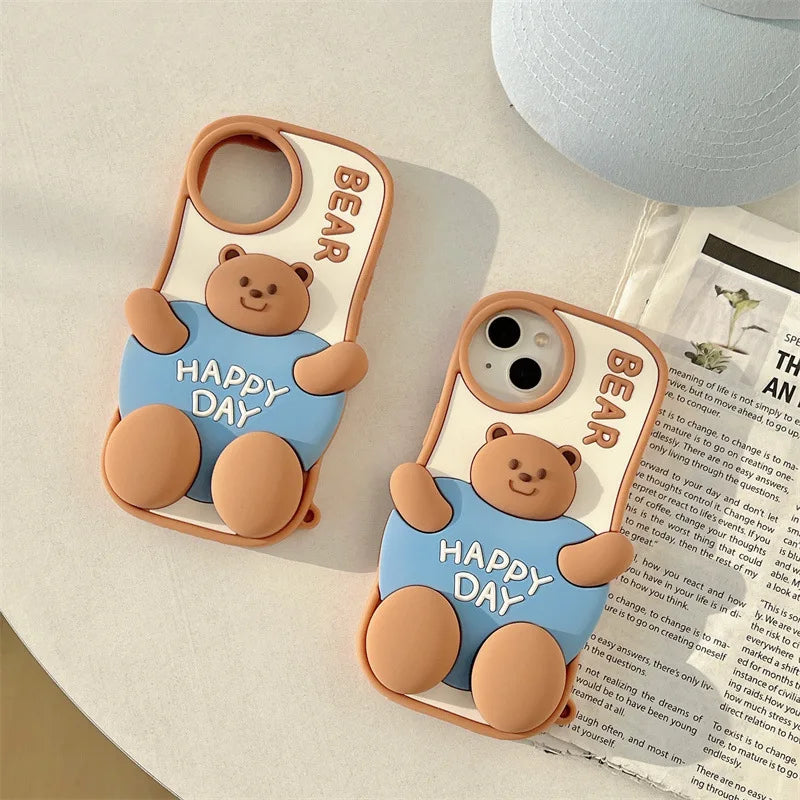 3D Cute Cartoon Fat Bear Silicone Telescopic Bracket Phone Case For iPhone