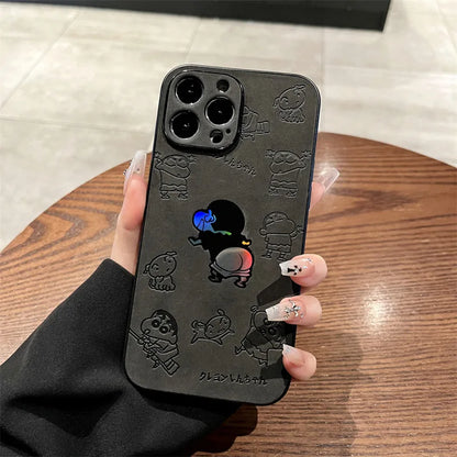 Cartoon Crayon Shin-chan Leather Texture Laser Phone Case For iPhone