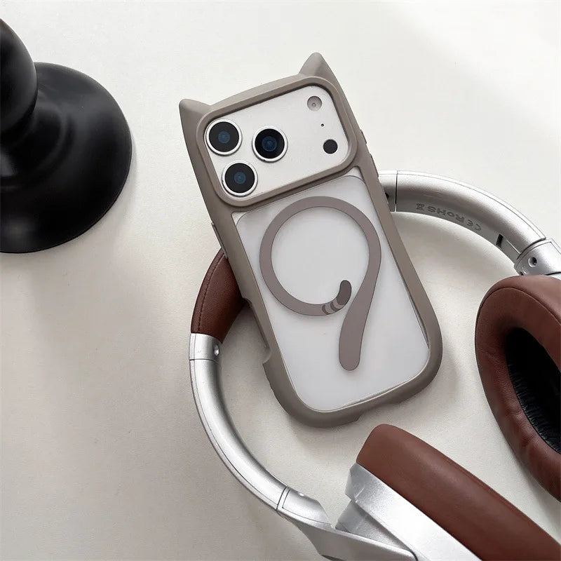 Cute Cartoon Solid Color Cat Tail Clear Magnetic Phone Case For iPhone