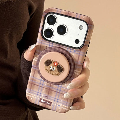 Cute Grid Pattern Cartoon Embroidery Puppy Bracket Magnetic Phone Case For iPhone
