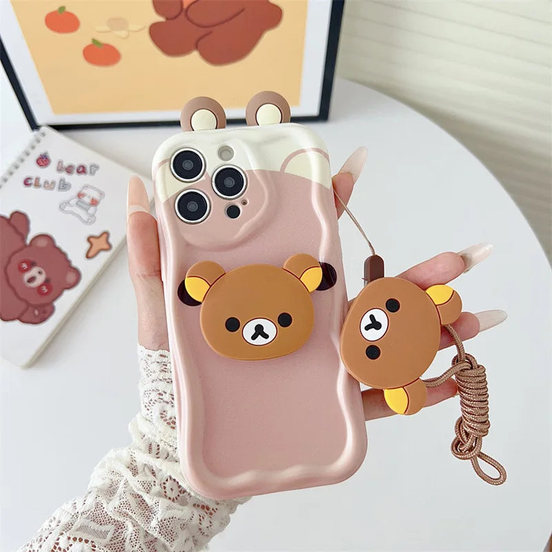 3D Ears Cartoon Bear Holder Rope Couple Phone Case For iPhone